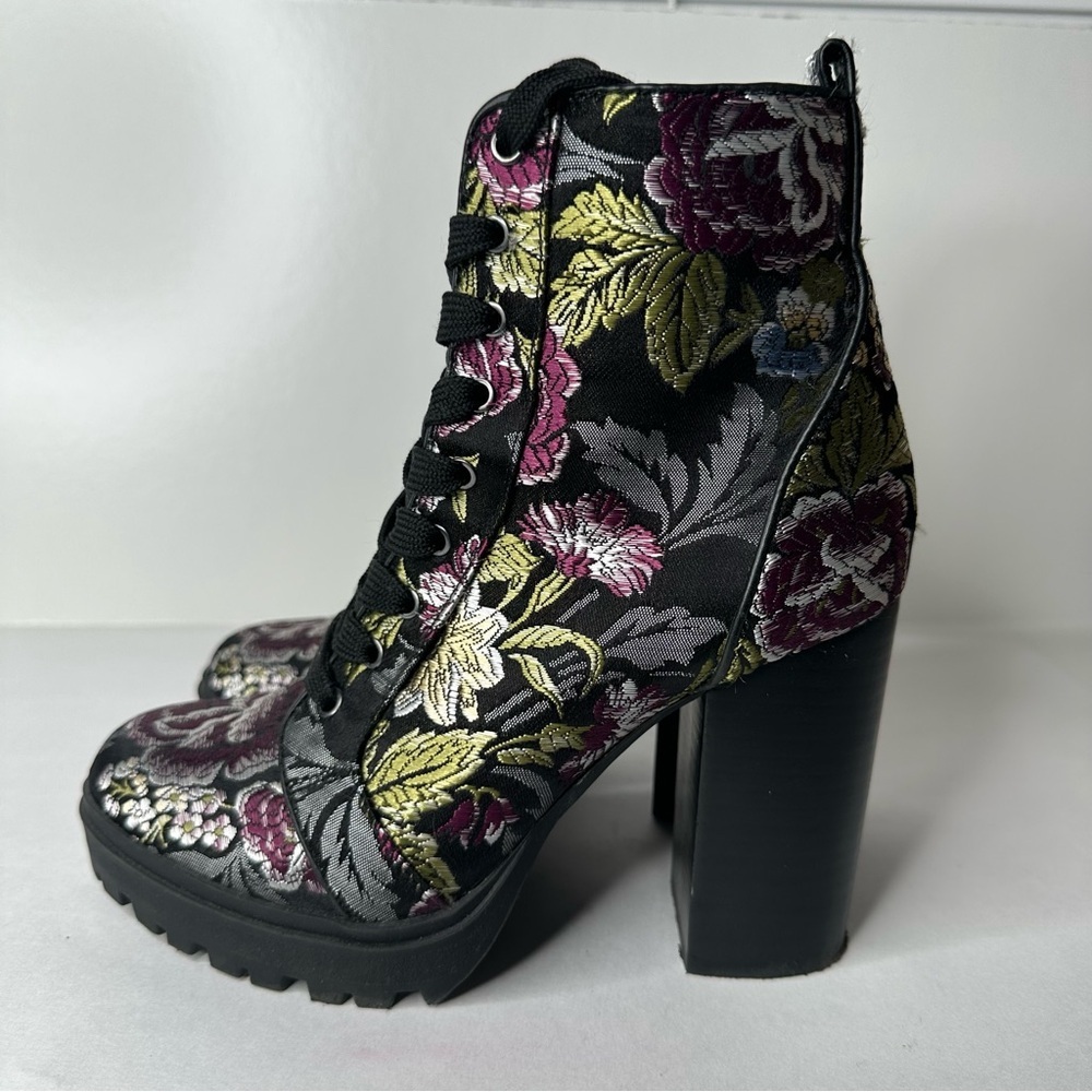 Steven Madden Laurie Black Pink Green Brocade Fabric Floral High Bootie Size 6M